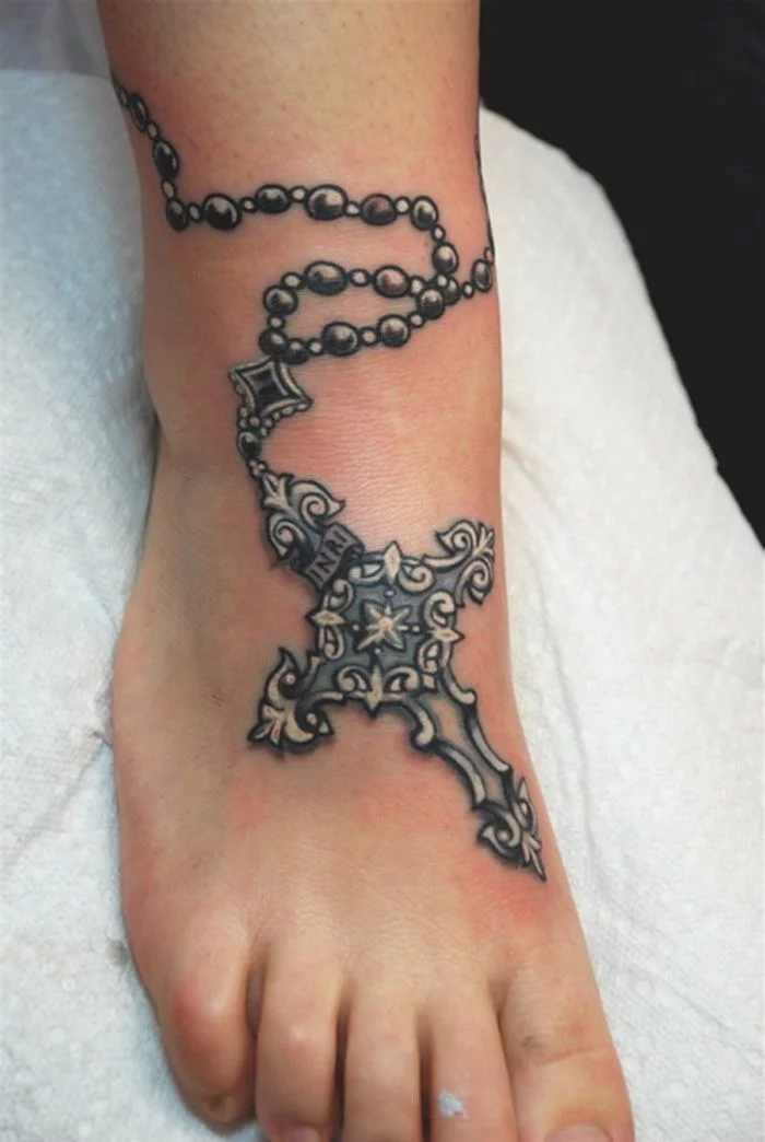 Rosary Feet Tattoo For Girls