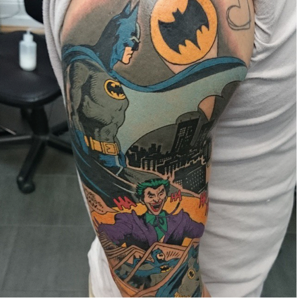Cool Batman Themed Smybol Mens Half Sleeve Tattoos  Half sleeve tattoo  Half sleeve tattoos designs Unique half sleeve tattoos