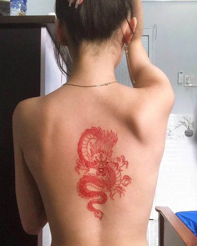 Traditional Fineline Red Asian Dragon Back Tattoo  Red dragon tattoo Red  tattoos Spine tattoos for women