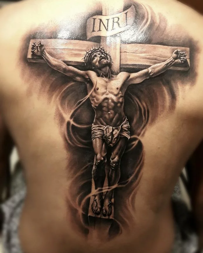 Black and Grey Jesus Christ at Calvary tattoo by Dimas Reyes TattooNOW