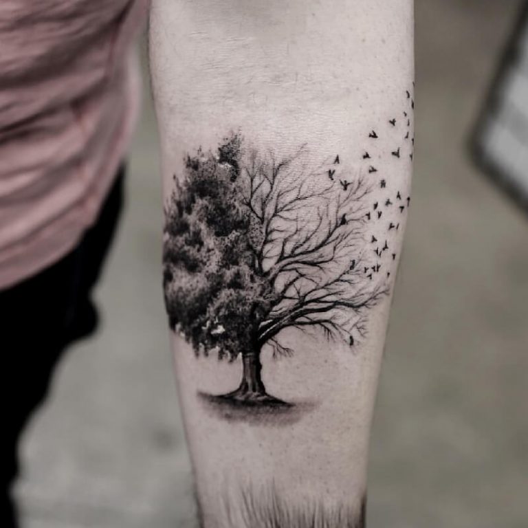 Nice Tree And Black Crow Tattoo